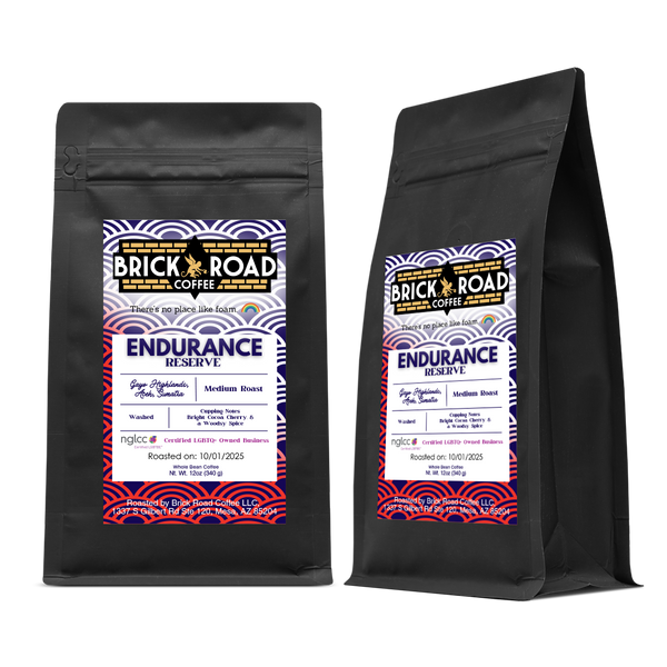 Brick Road Coffee Endurance Reserve bag – LGBTQ+ owned inclusive coffee brand medium-dark roast Sumatra single origin.