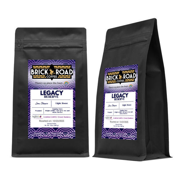 Brick Road Coffee Legacy Reserve bag – LGBTQ+ owned inclusive coffee brand light roast Ethiopian single origin.