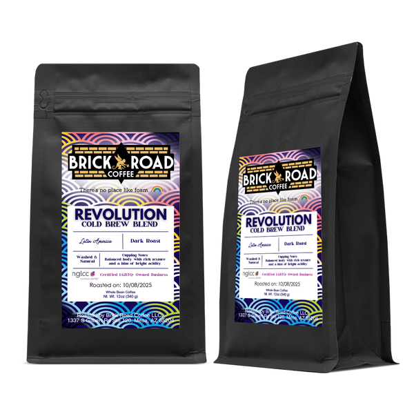 Brick Road Coffee Revolution Cold Brew Blend bag – LGBTQ+ owned inclusive coffee brand dark roast for cold brew.