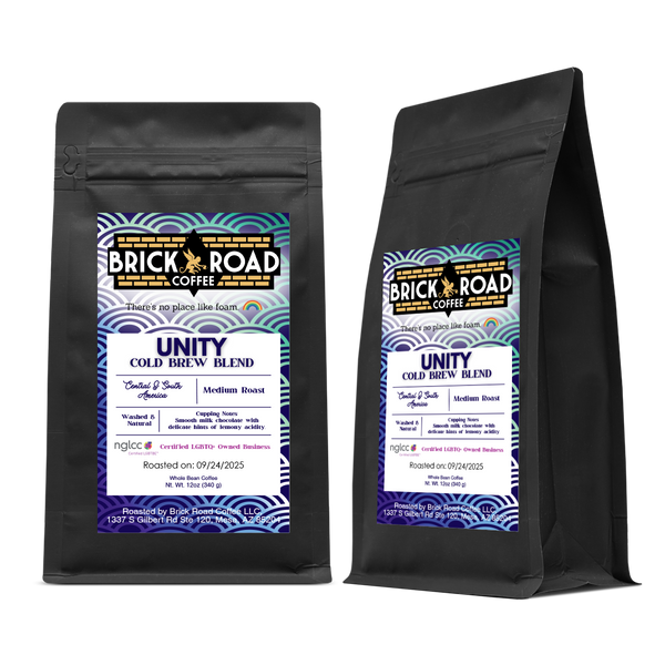 Brick Road Coffee Unity Cold Brew Blend bag – LGBTQ+ owned inclusive coffee brand medium-dark roast for cold brew.