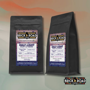 Brick Road Coffee Half-Light Blend bag – LGBTQ+ owned inclusive coffee brand medium roast half-caf with walnut and honey notes.